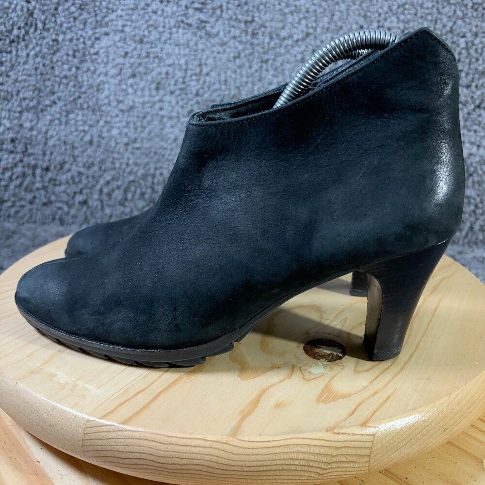 Paul Green Ankle Boots Women Size 7 Black Nubuck Leather Heeled Booties Side Zip